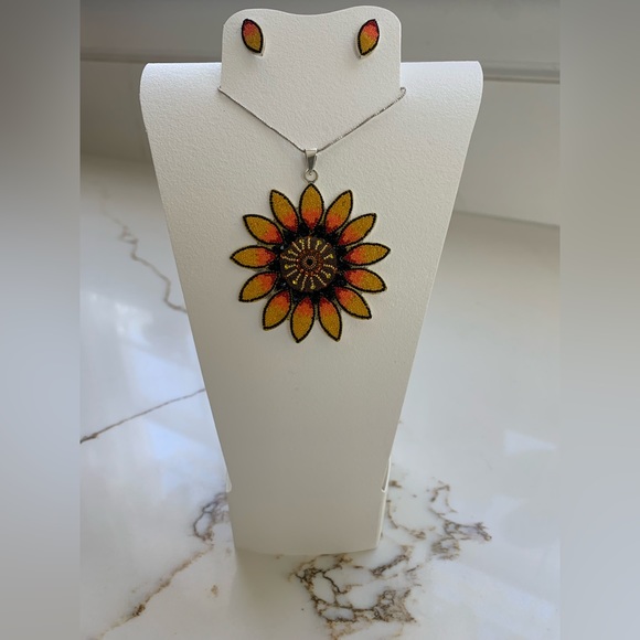 Spring Bohemian Sunflower Sterling Silver Pendant and Earrings Set - Picture 4 of 4